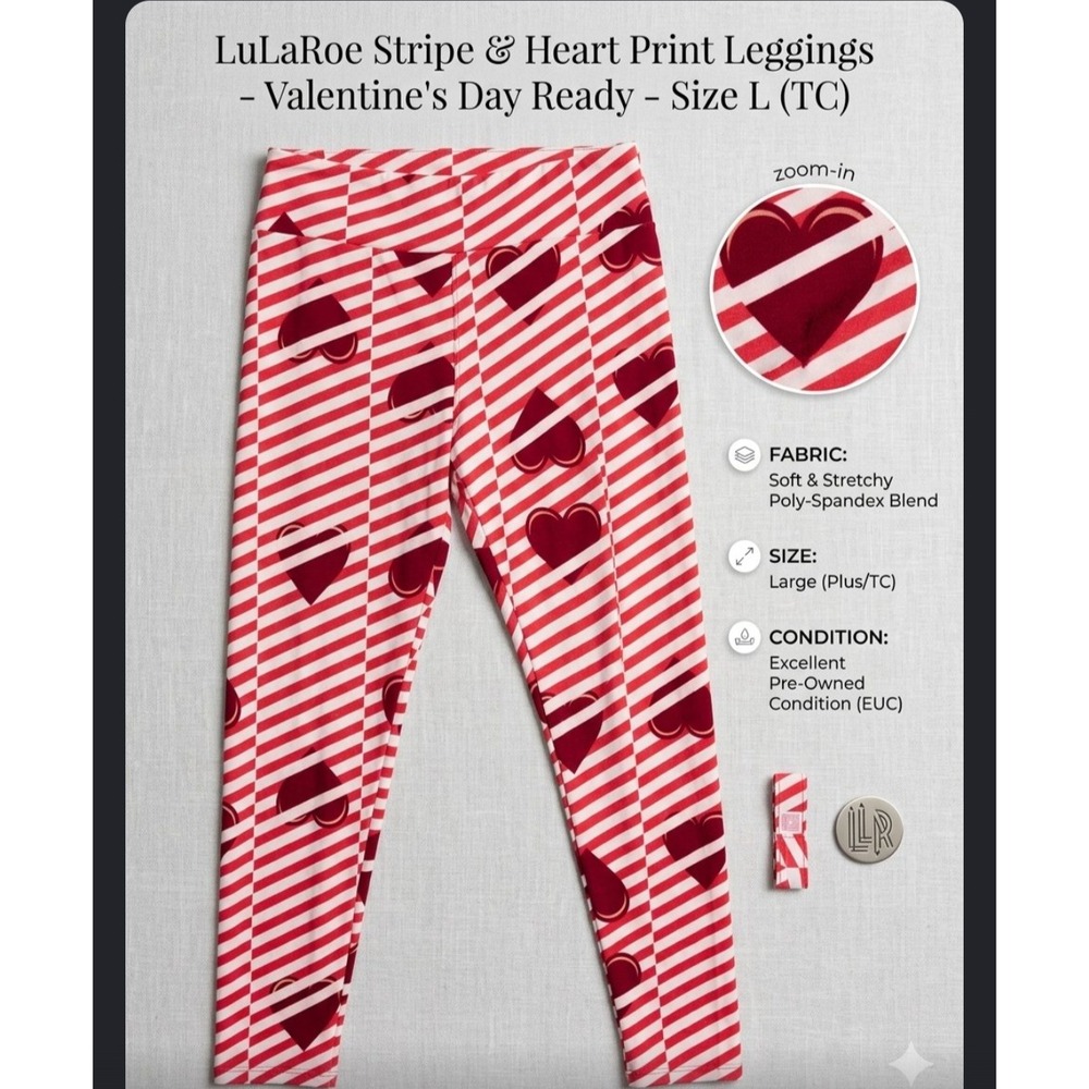 LuLaRoe Valentine's Day Hearts Stripes Leggings Tall & Curvy TC Red White L